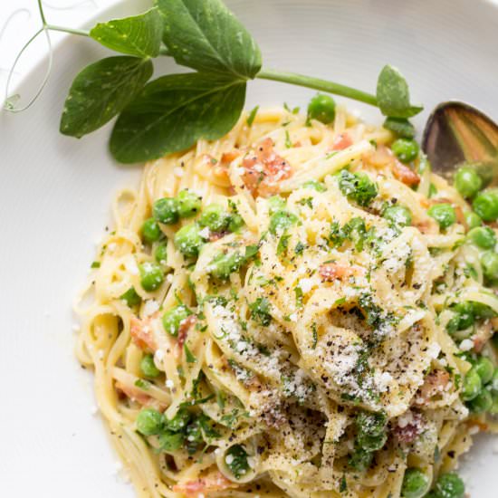 Linguini Carbonara with Peas