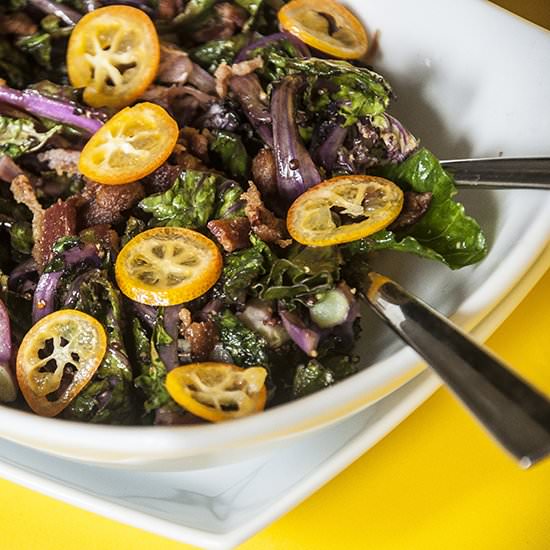 Kale Sprouts Salad with Warm Bacon