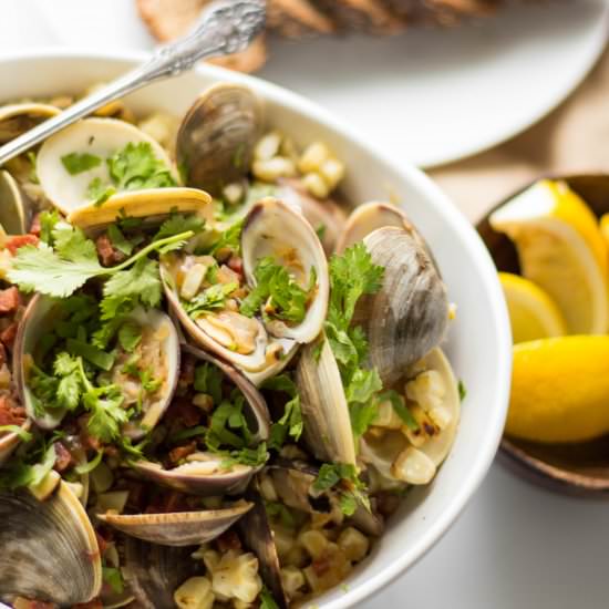 Clams with Chorizo, Corn + Cilantro