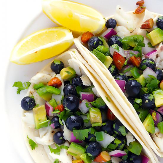 Fish Tacos with Blueberry-Almond Salsa