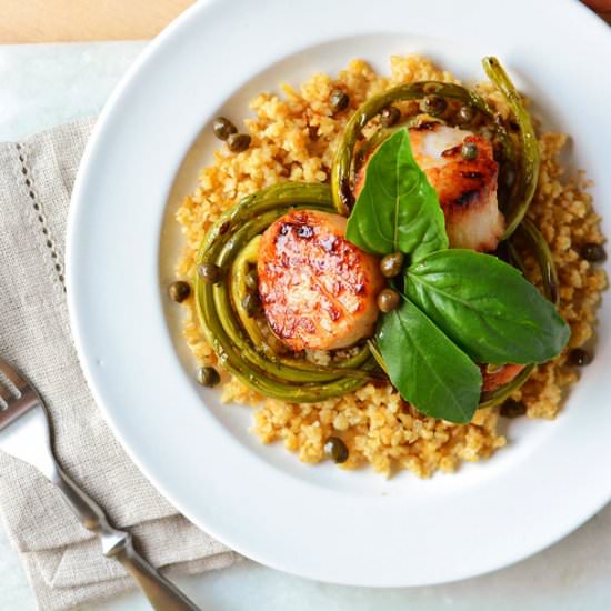 Scallops with Grilled Garlic Scapes