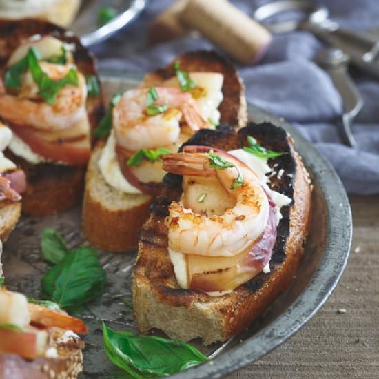 Peach Shrimp Burrata Crostini