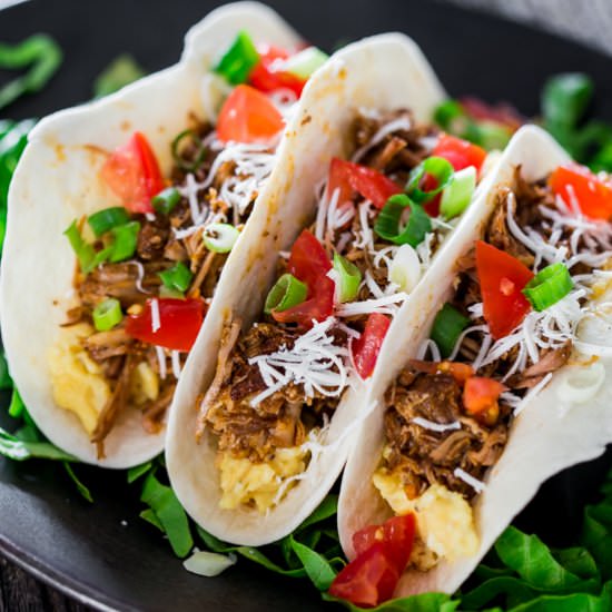 Breakfast Beer Braised Pork Tacos