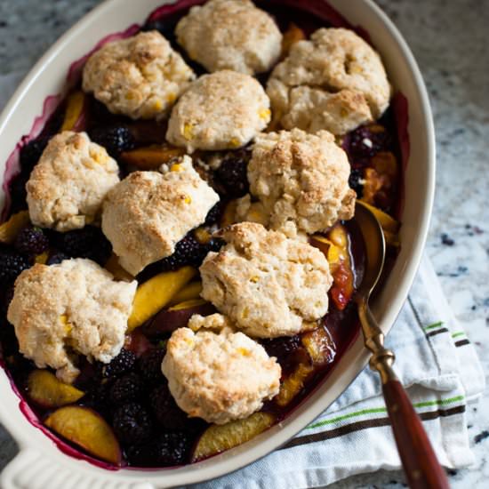 Peach, Blackberry, and Corn Cobbler