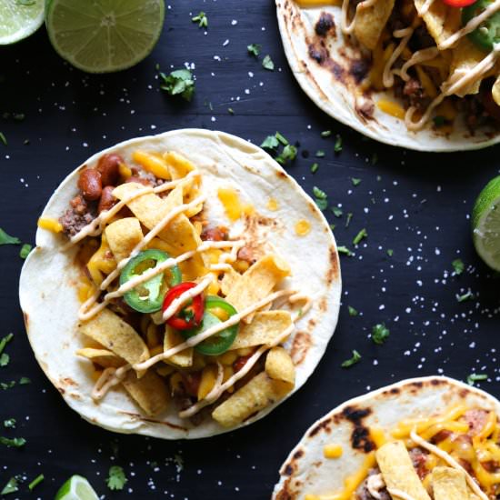 Beef Chorizo Chili Cheese Tacos