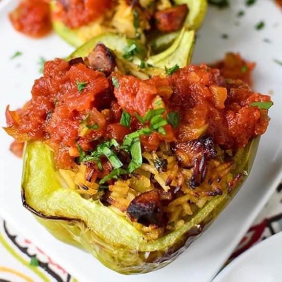 Dirty Rice Stuffed Peppers with Red Sauce