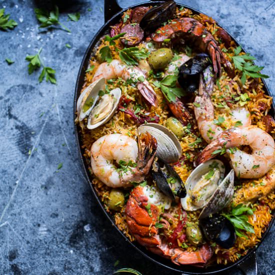 Grilled Seafood and Chorizo Paella