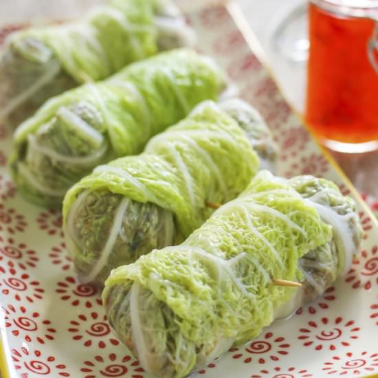 Napa Wrapped Shiitake Pork Rolls