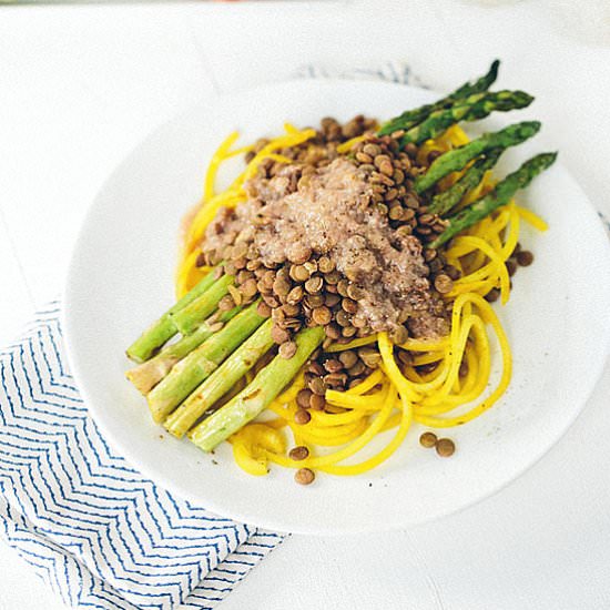Golden Beet Pasta with Asparagus