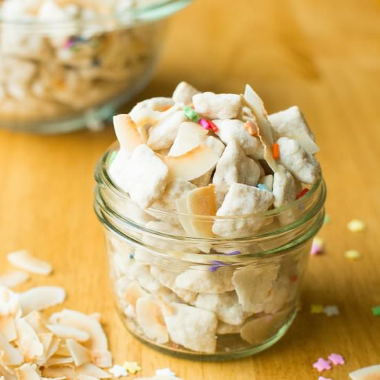 Coconut Cake Batter Puppy Chow