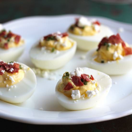 Feta and Turkey Bacon Deviled Eggs