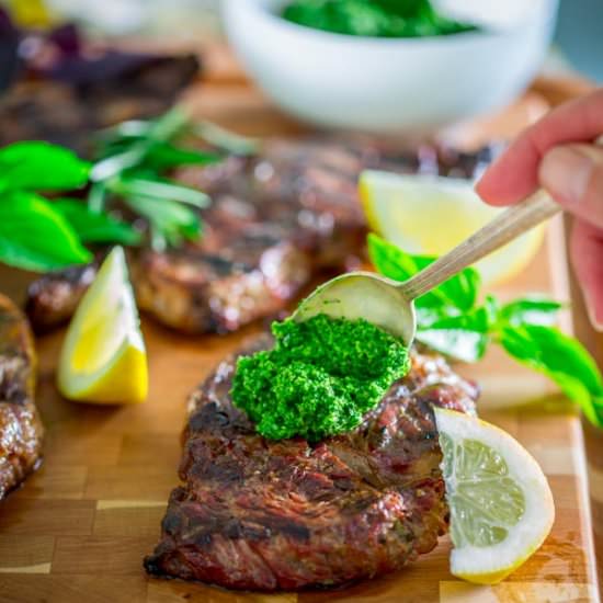 Garlic Steaks w Kale Walnut Pesto