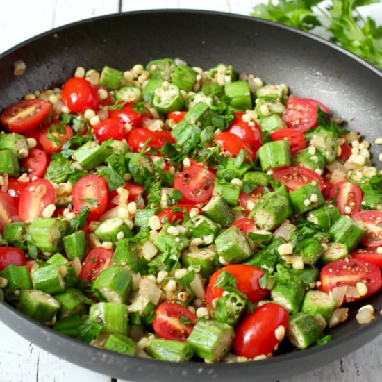 Okra, Corn and Tomato Saute