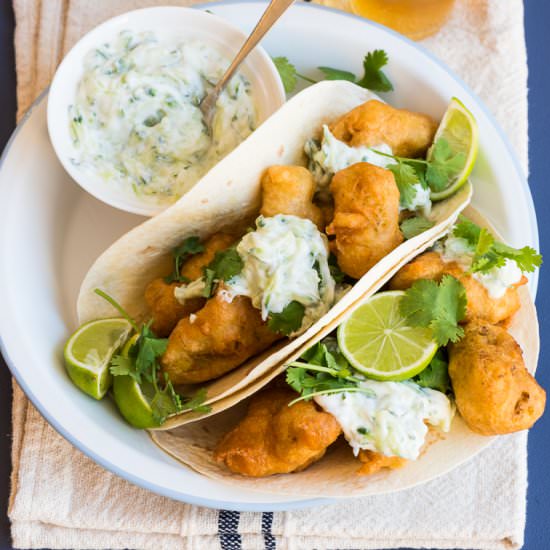 Curry and Beer Battered Fish Tacos