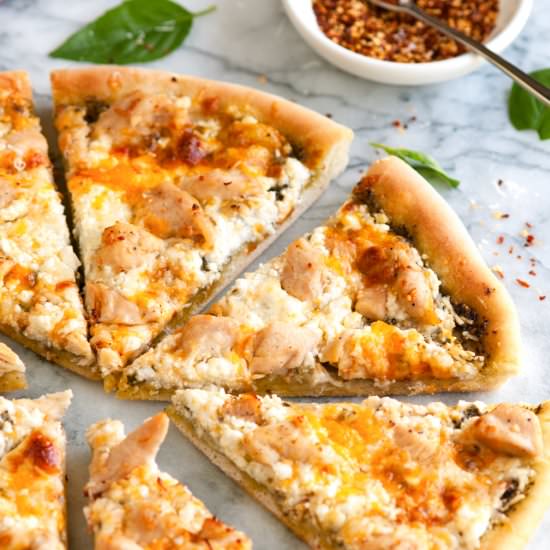 Five Cheese Pesto Chicken Pizza