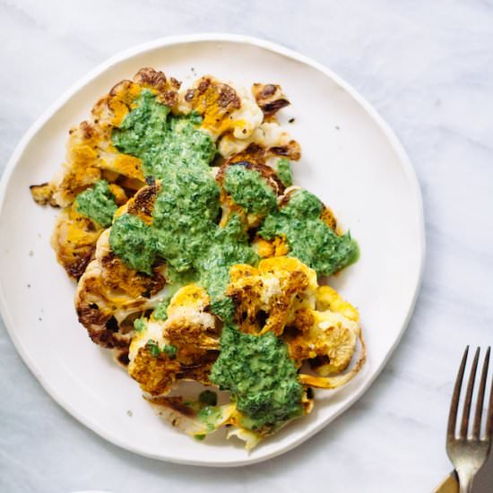 Cauliflower Steaks with Mint Chutney