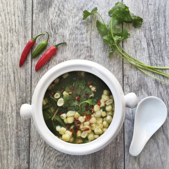 Spinach Corn Soup with Ginger Broth