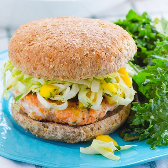Salmon Burgers with Mango Slaw
