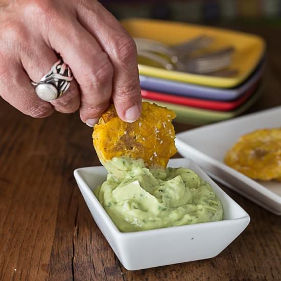 Tostones with Avocado Cream Sauce