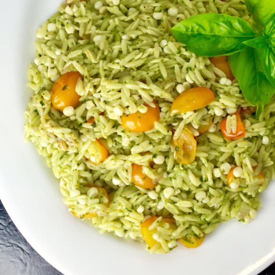 Orzo Pesto with Corn & Tomatoes