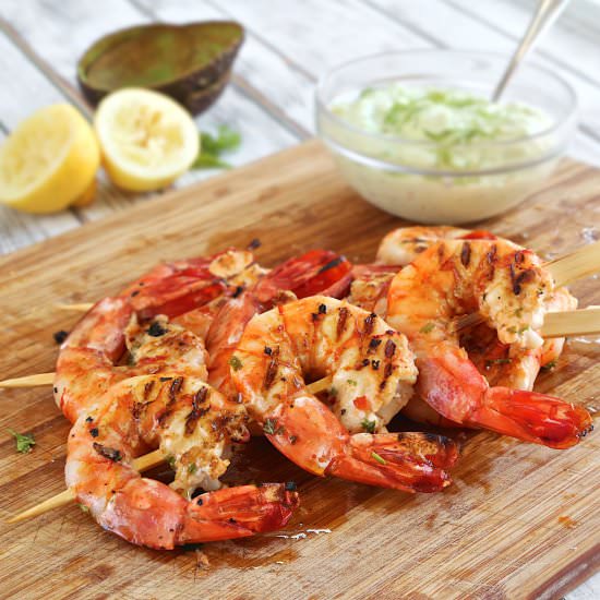 BBQ Prawn Skewers with Avocado Dip