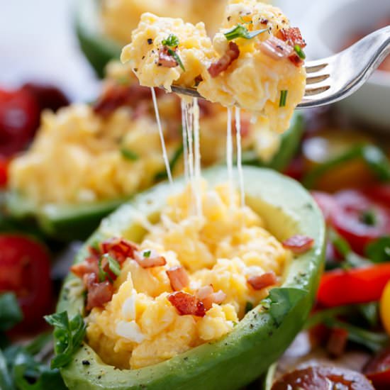 Cheesy Scrambled Eggs in Avocado