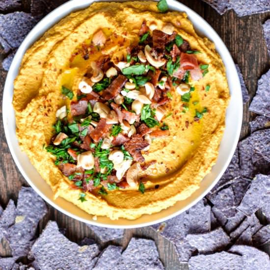 Carrot Hummus with Bacon & Cashews