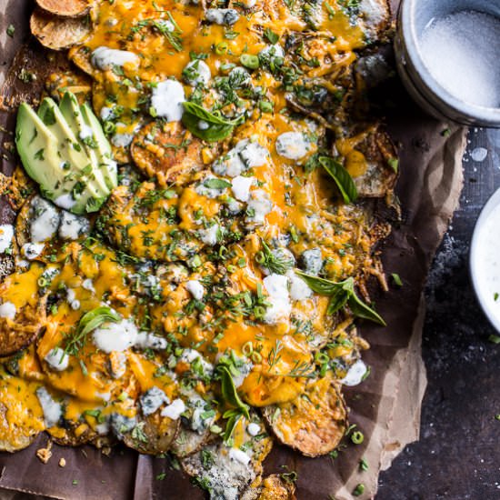 Crispy Buffalo Cheddar Potato Nachos