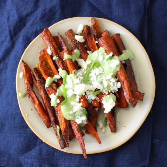 Curry Sweet Potato Fries + Avocado Dressing