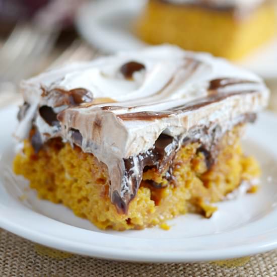 Hot Fudge Pumpkin Poke Cake