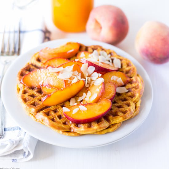Pumpkin Waffles with Peaches