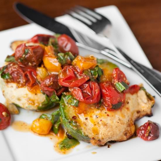 Avocado Eggs with Warm Basil Tomato