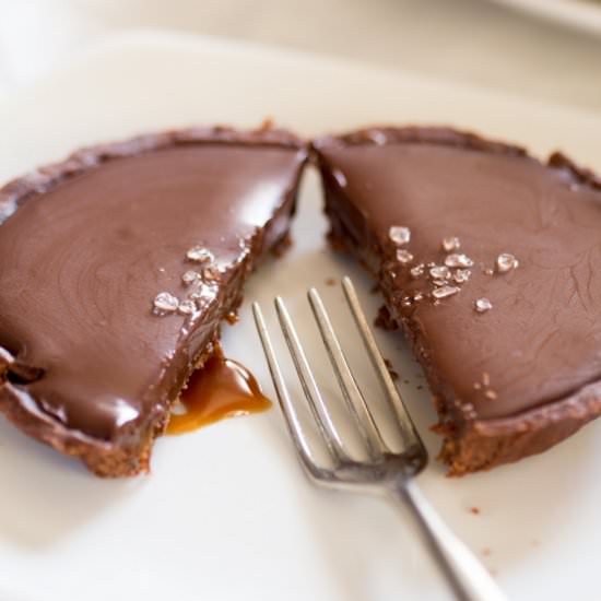 Chocolate and salted caramel tarts
