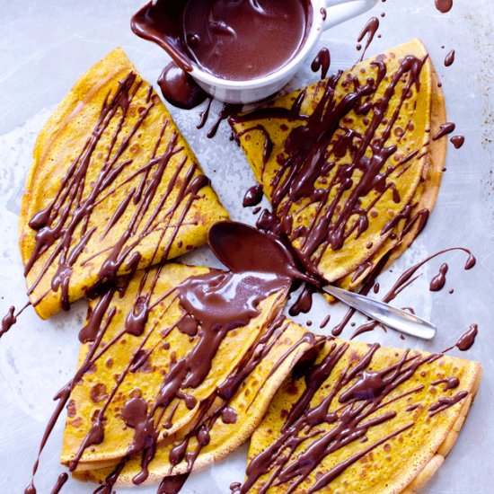 Pumpkin Crepes with Chocolate Sauce