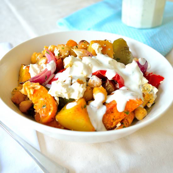 Veggie Bake w/ Feta & Yogurt Sauce