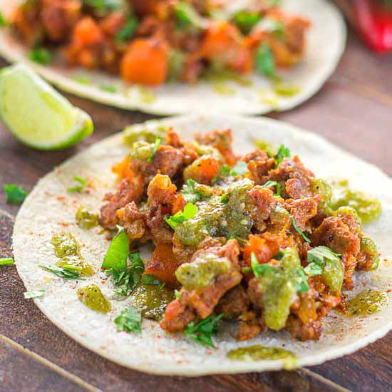 Pumpkin Chorizo Tacos + Salsa Verdé