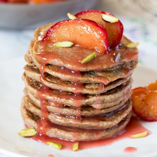 Cinnamon Pancakes with Spiced Plums