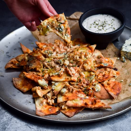 Buffalo Chicken Blue Cheese Pita Nachos