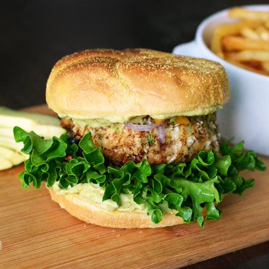 Seafood Burger with Avocado Aioli