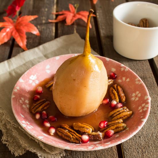 Poached Pears with Candied Pecans