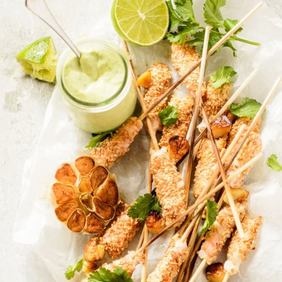 Sesame Prawn Skewers With Rocket