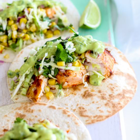 Fish Tacos with Grilled Corn Slaw