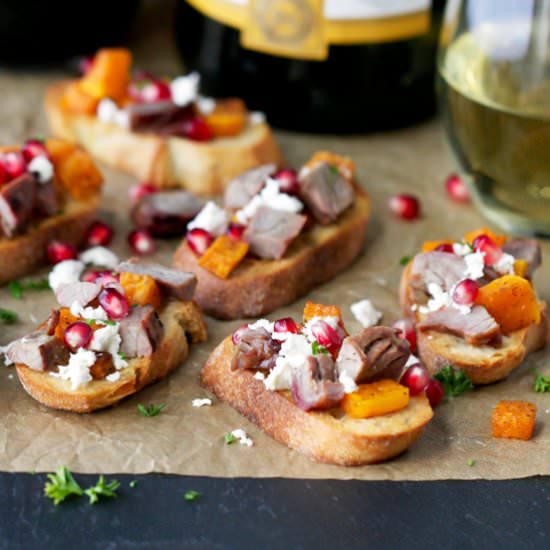 Butternut Squash, Steak and Pomegranate Crostini