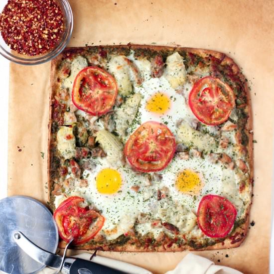 Sausage, Egg and Pesto Pizza