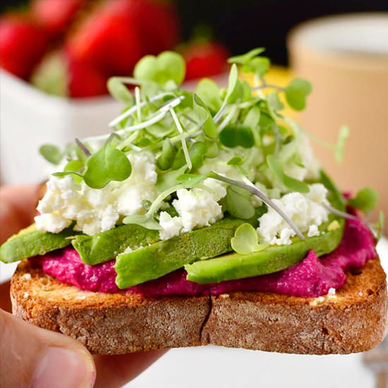 Avocado and Shortcut Beet Hummus Toast