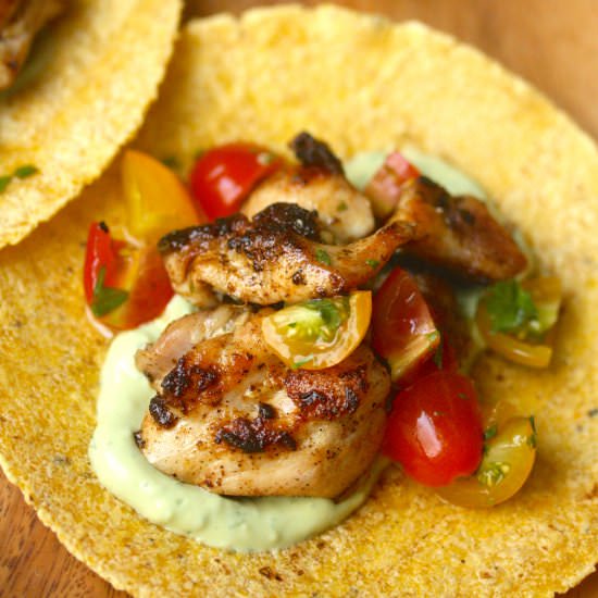 Spicy Chicken Tacos w/ Avocado Crema