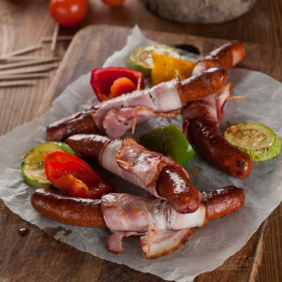 Baked Sausages Wrapped in Bacon