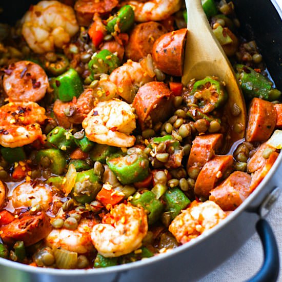 One Pot Shrimp Jamabalaya & Lentils