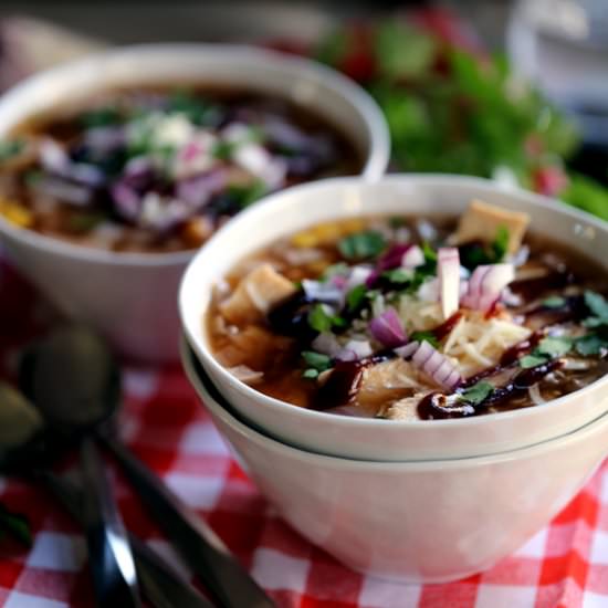 Slow Cooker BBQ Chicken Pizza Soup