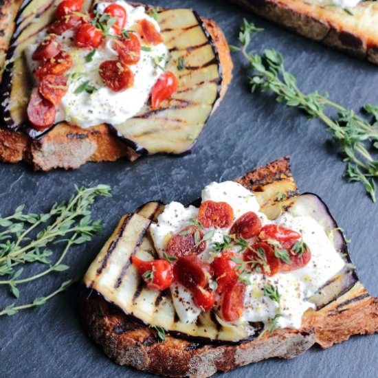 Aubergine, Burrata Toasts